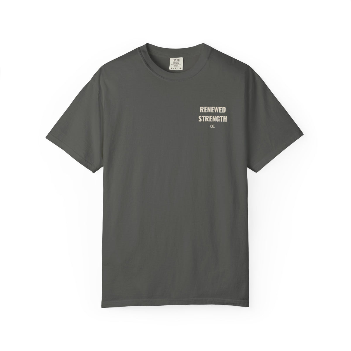 Nothing Can Separate Us Romans 8:38-39 tee in Pepper, front with left-chest logo mockup