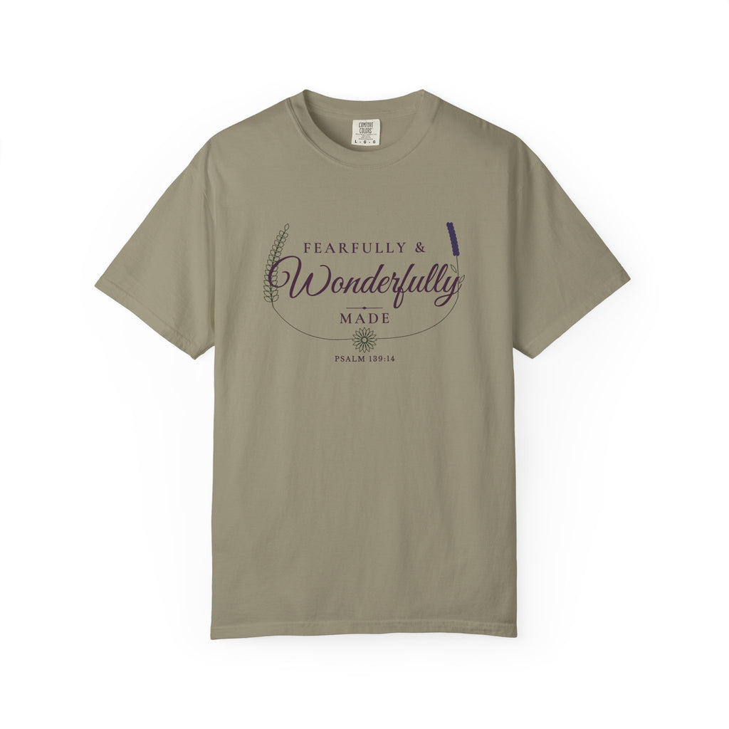 Fearfully & Wonderfully Made Psalm 139:14 tee in sandstone, front mockup