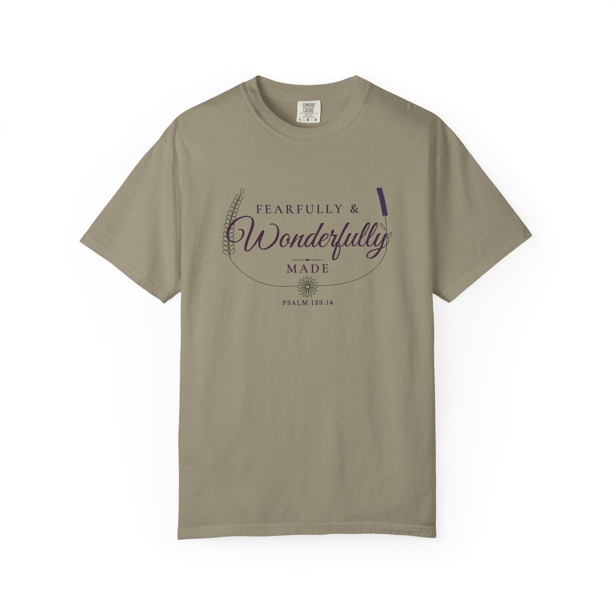 Fearfully & Wonderfully Made Psalm 139:14 tee in sandstone, front mockup