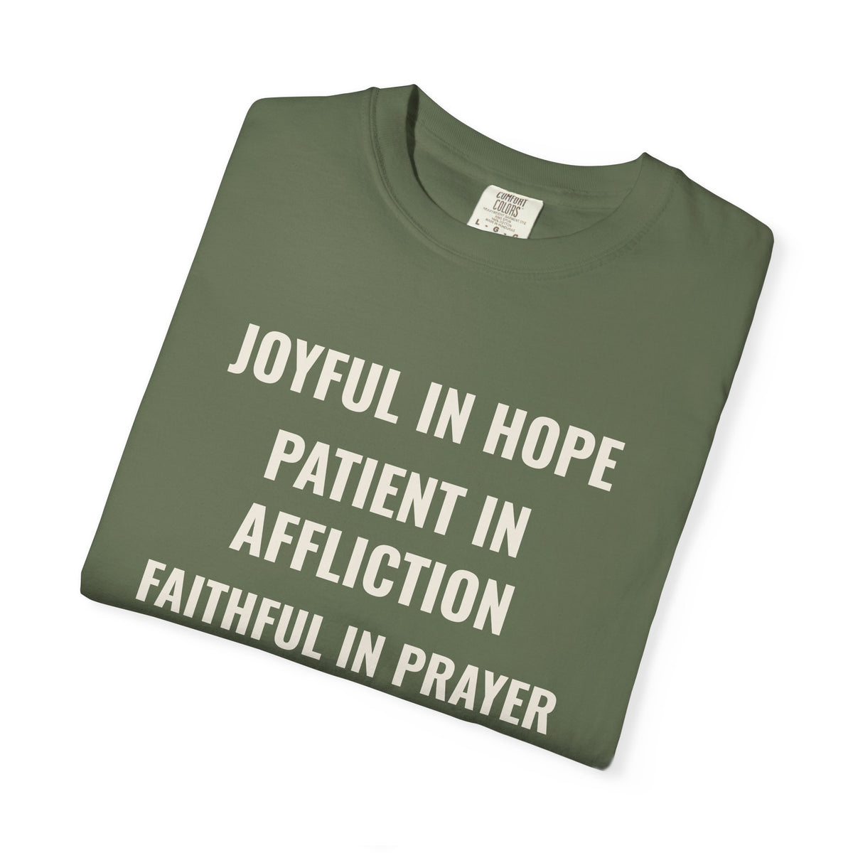 Joyful in Hope Romans 12:12 tee in sage, folded mockup
