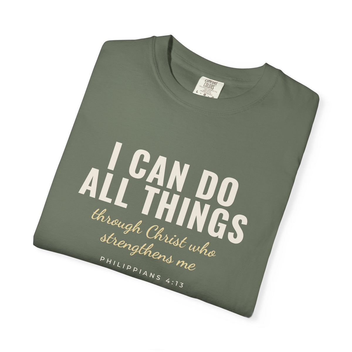I Can Do All Things Philippians 4:13 Christian tee in moss, folded mockup