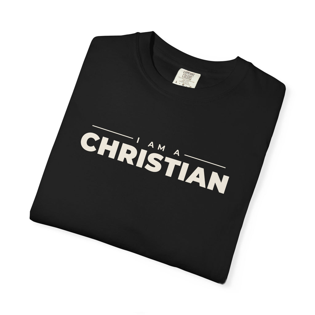 I Am a Christian Christian tee in black, folded mockup