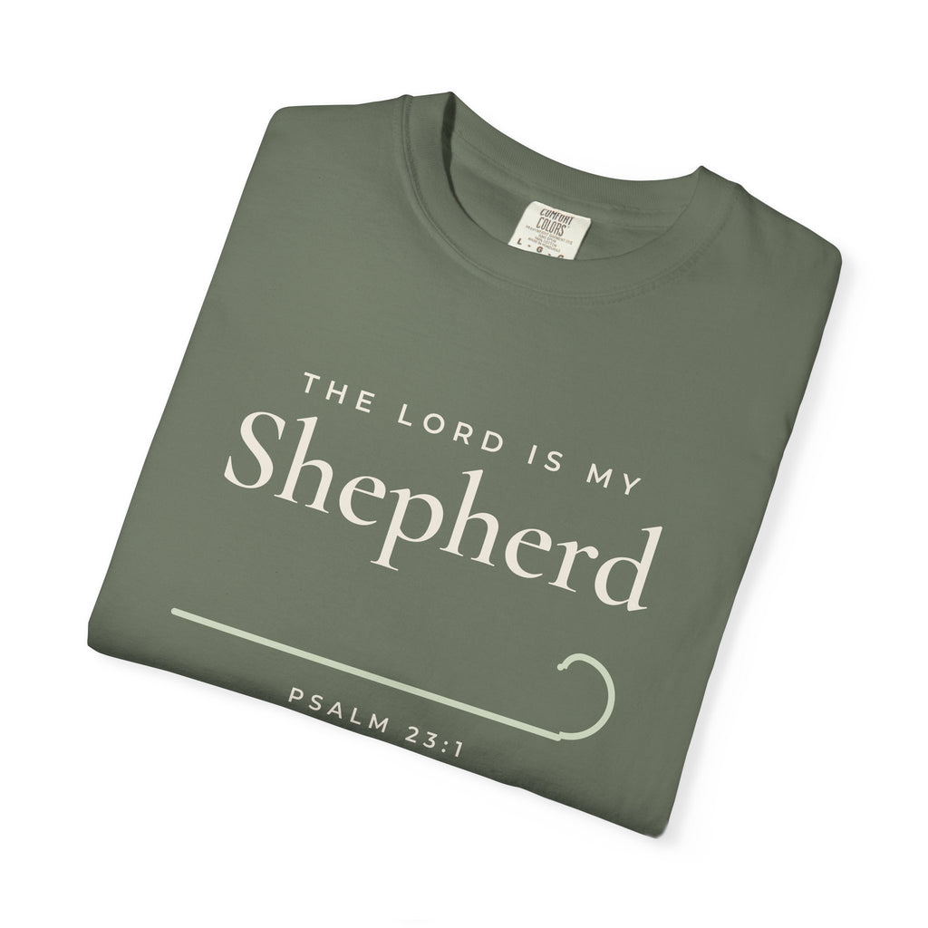 The Lord Is My Shepherd Psalm 23:1 Christian tee in moss, folded mockup