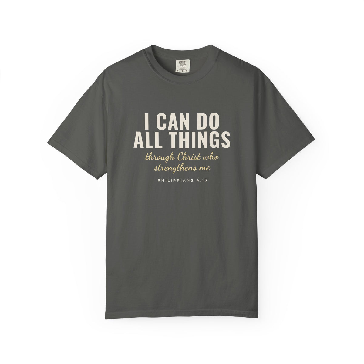 I Can Do All Things Philippians 4:13 Christian tee in pepper, front mockup
