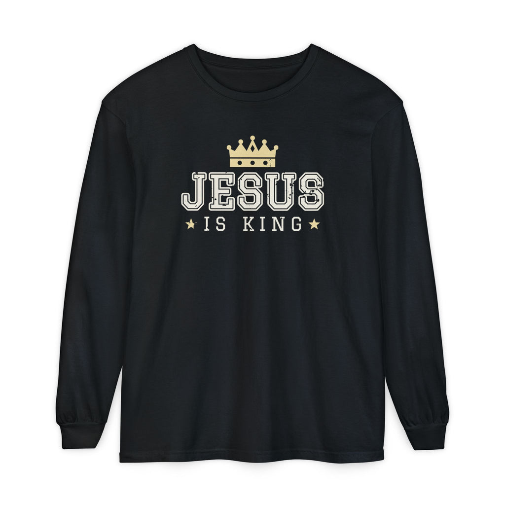 Jesus Is King Christian long sleeve tee in black, front mockup