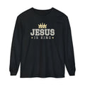 Jesus Is King Christian long sleeve tee in black, front mockup