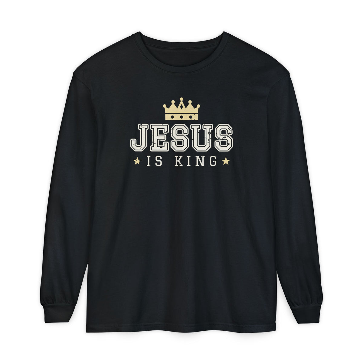 Jesus Is King Christian long sleeve tee in black, front mockup