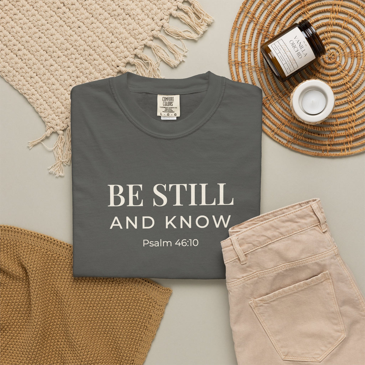 Be Still and Know Psalm 46:10 tee in pepper, folded flat lay mockup