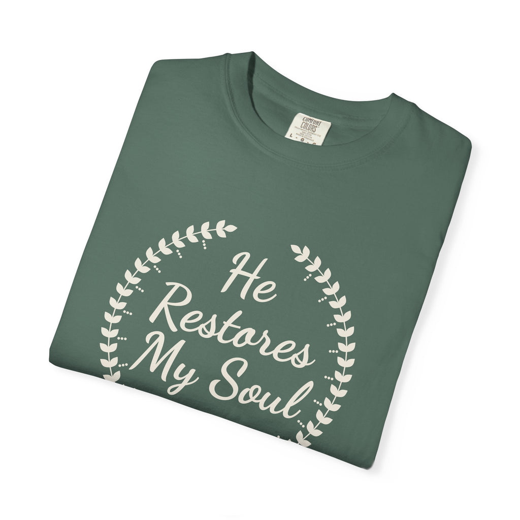 He Restores My Soul Psalm 23:3 tee in blue spruce, folded mockup
