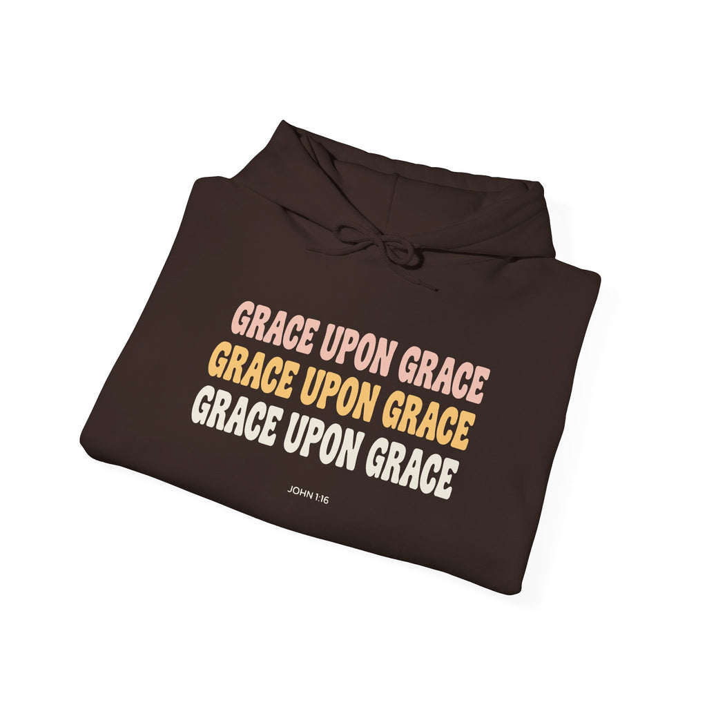 Grace Upon Grace John 1:16 hoodie in dark chocolate, folded mockup