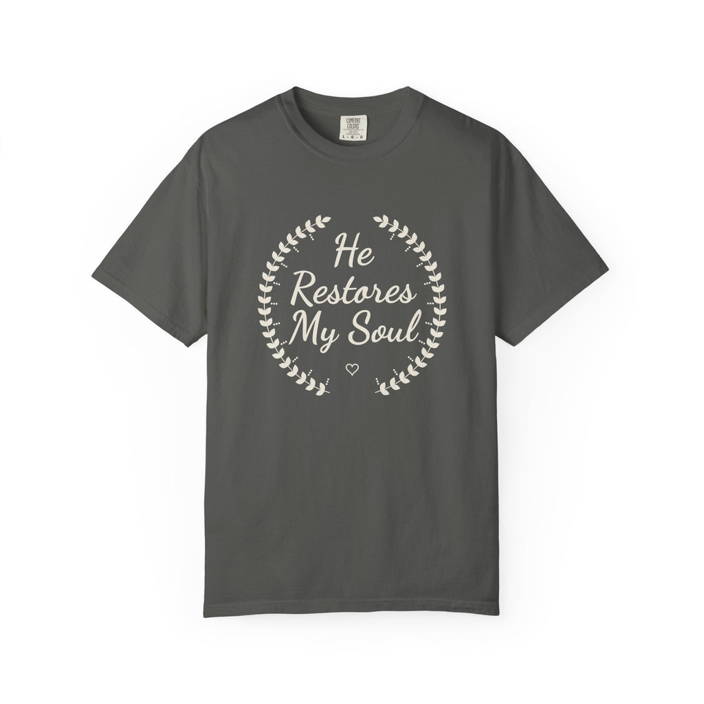 He Restores My Soul Psalm 23:3 tee in pepper, front mockup