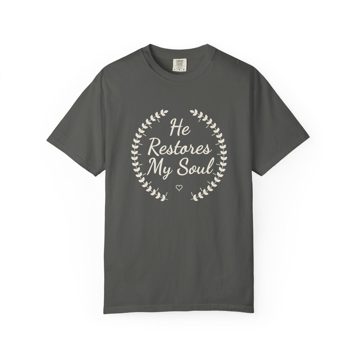 He Restores My Soul Psalm 23:3 tee in pepper, front mockup