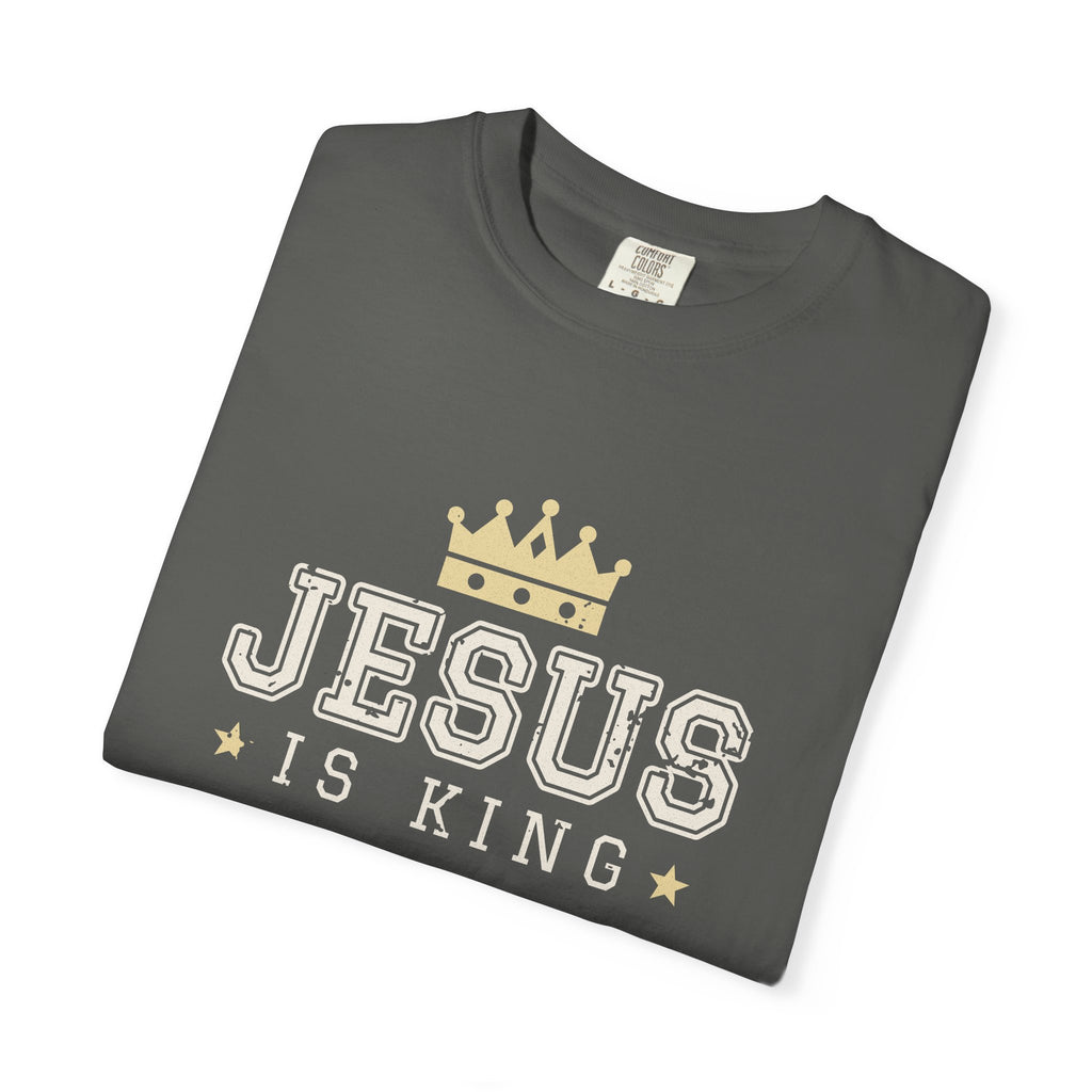 Jesus Is King Christian tee in pepper, folded mockup