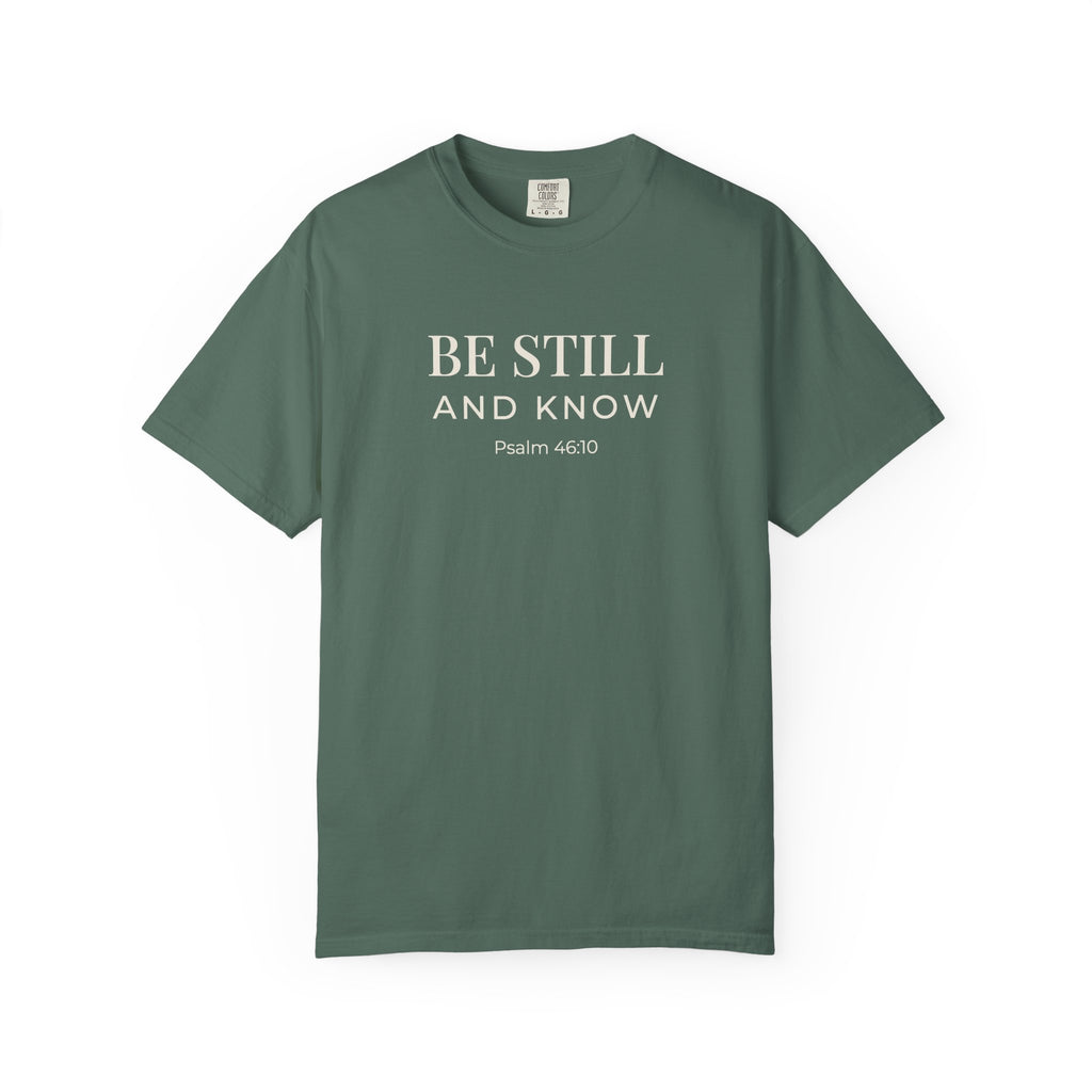 Be Still and Know Psalm 46:10 tee in blue spruce, front mockup