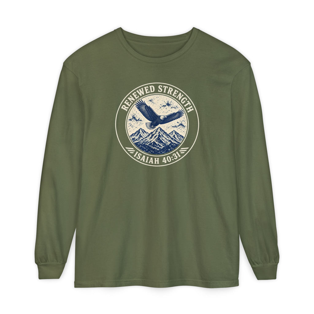 Renew Your Strength Isaiah 40:31 long sleeve tee in hemp, front mockup