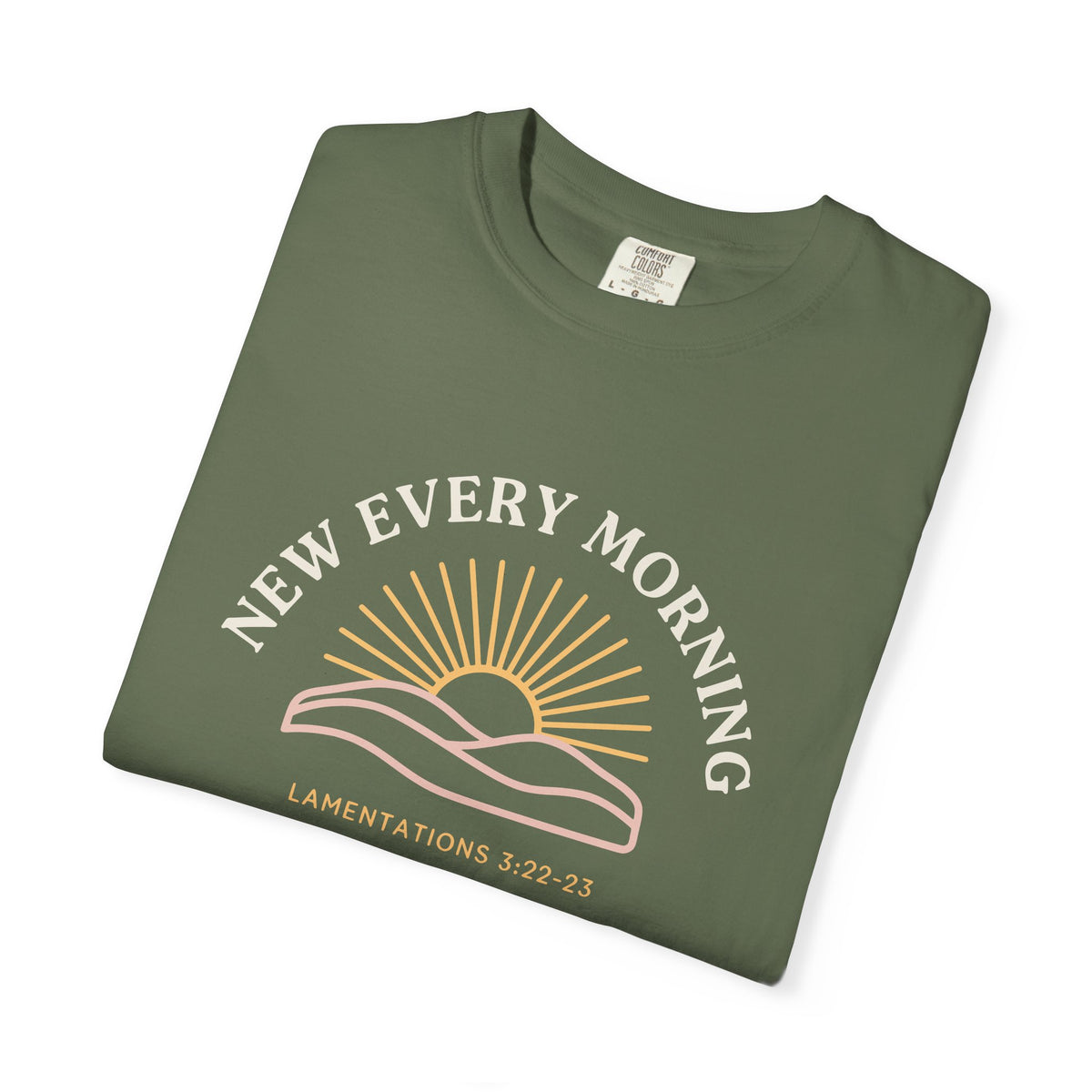 New Every Morning Lamentations 3:22-23 tee in sage, folded mockup
