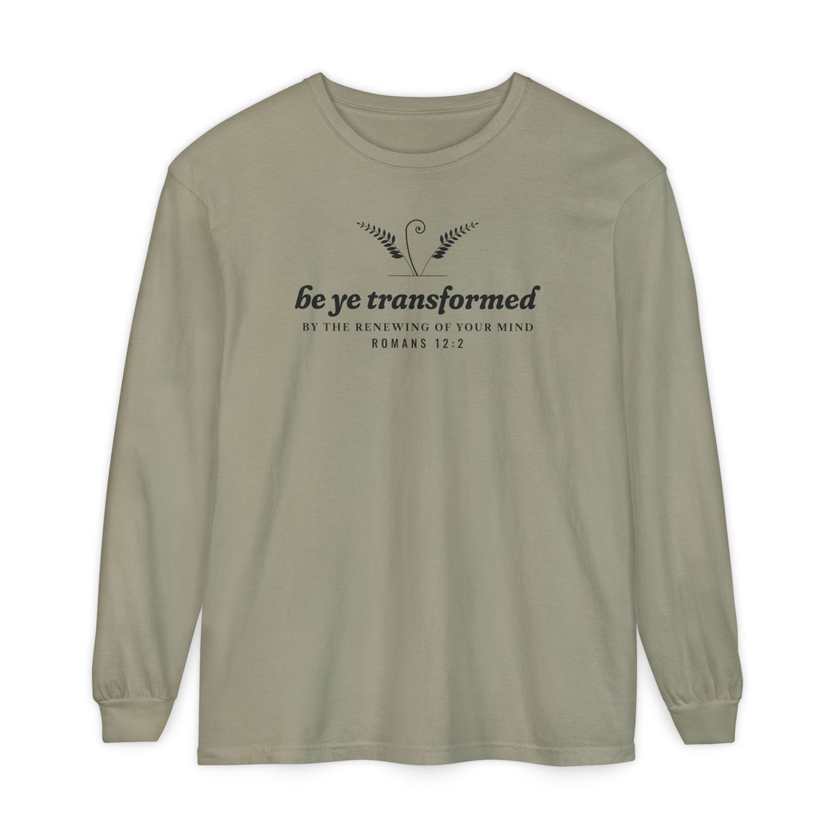 Be Transformed Romans 12:2 long sleeve tee in Sandstone, front mockup