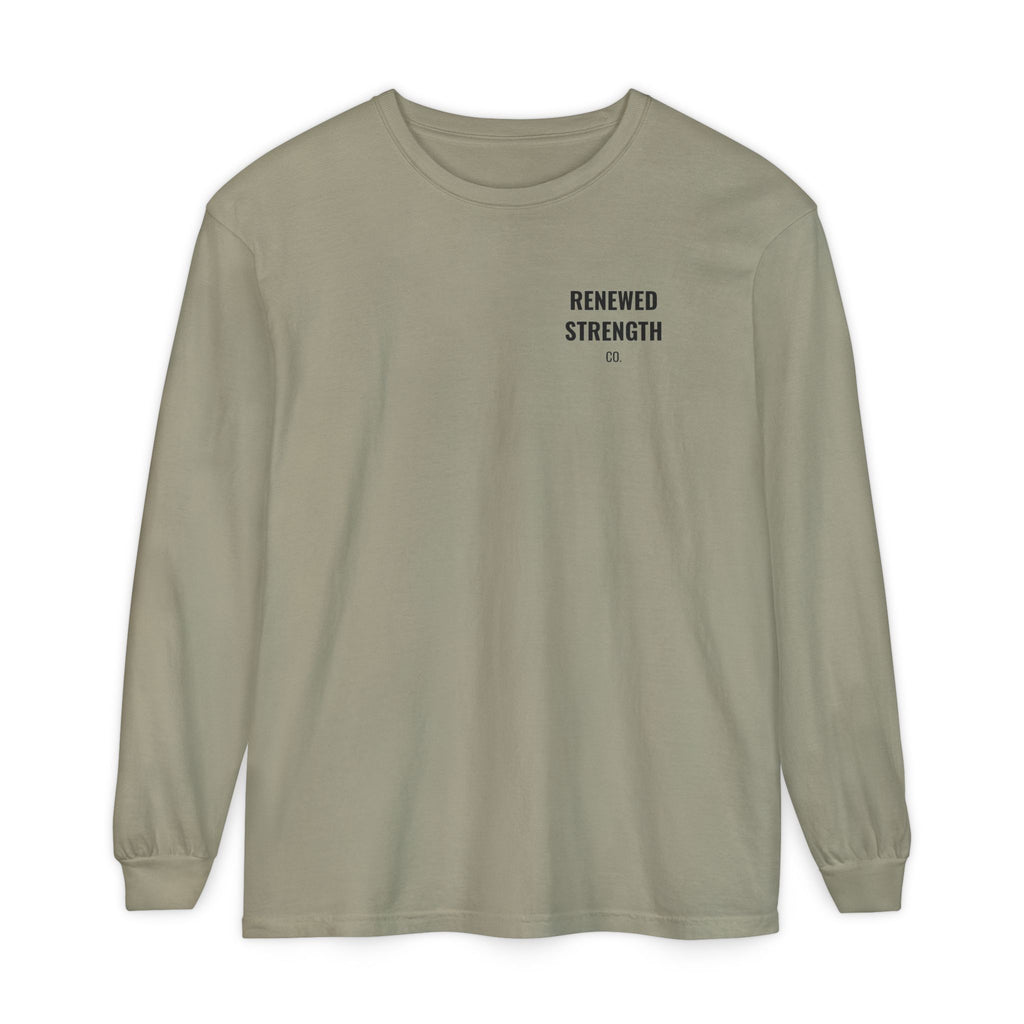 Suffering Produces Hope Romans 5:3-4 long sleeve tee in sandstone, front (left-chest logo) mockup