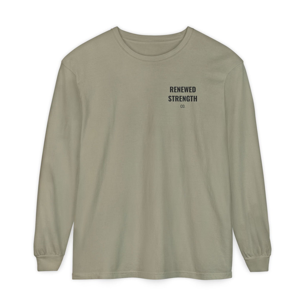 Suffering Produces Hope Romans 5:3-4 long sleeve tee in sandstone, front (left-chest logo) mockup