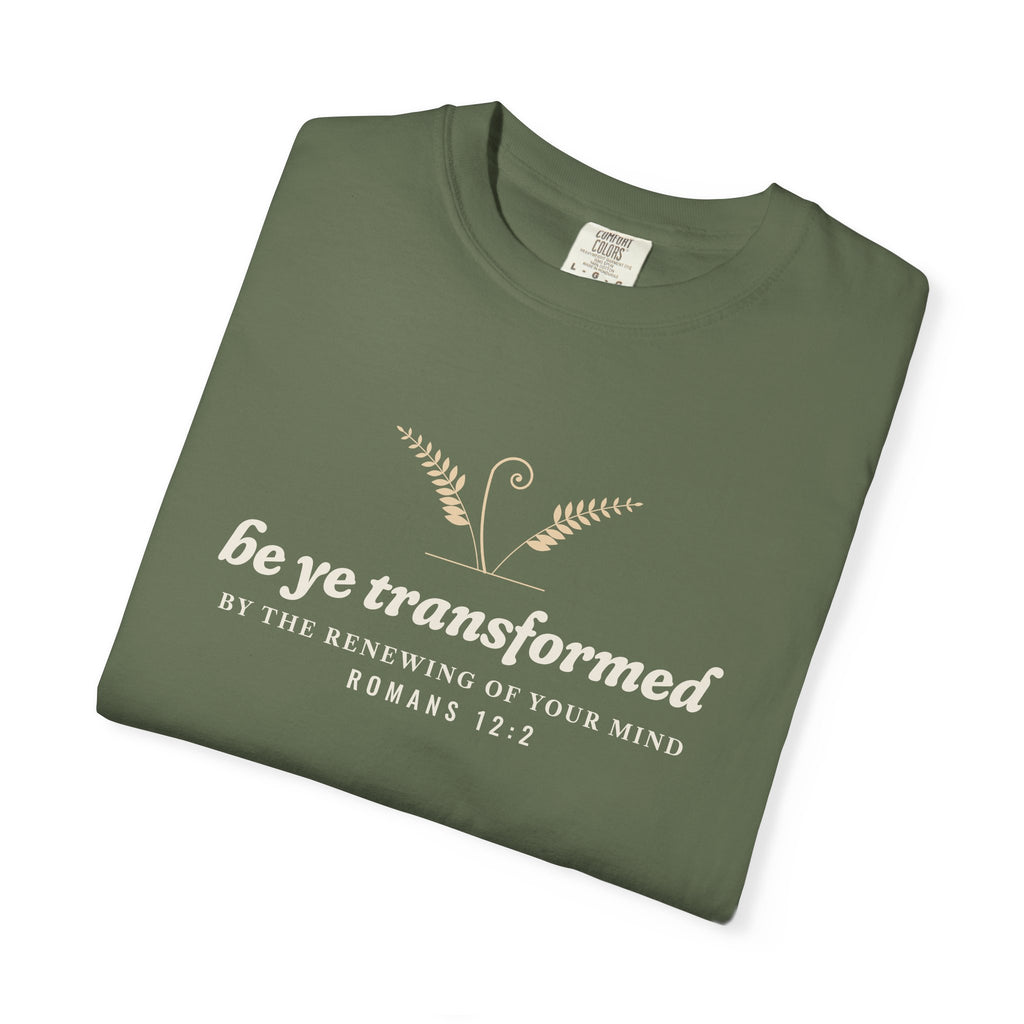Be Transformed Romans 12:2 tee in Sage, folded mockup