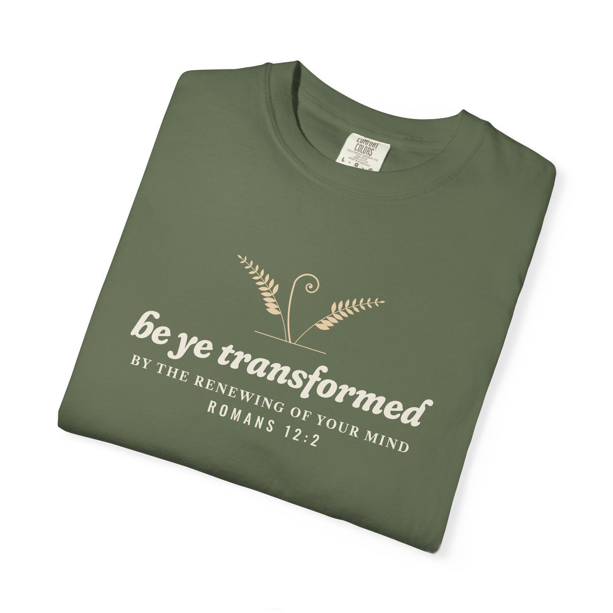 Be Transformed Romans 12:2 tee in Sage, folded mockup