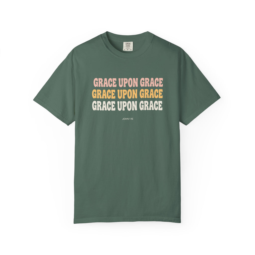 Grace Upon Grace John 1:16 tee in blue spruce, front mockup