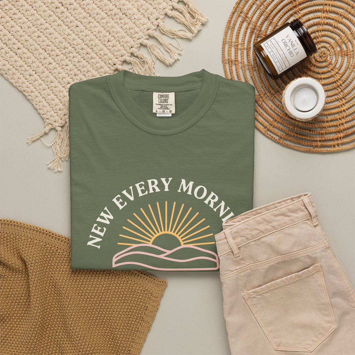 New Every Morning Lamentations 3:22-23 tee in sage, folded flat lay mockup