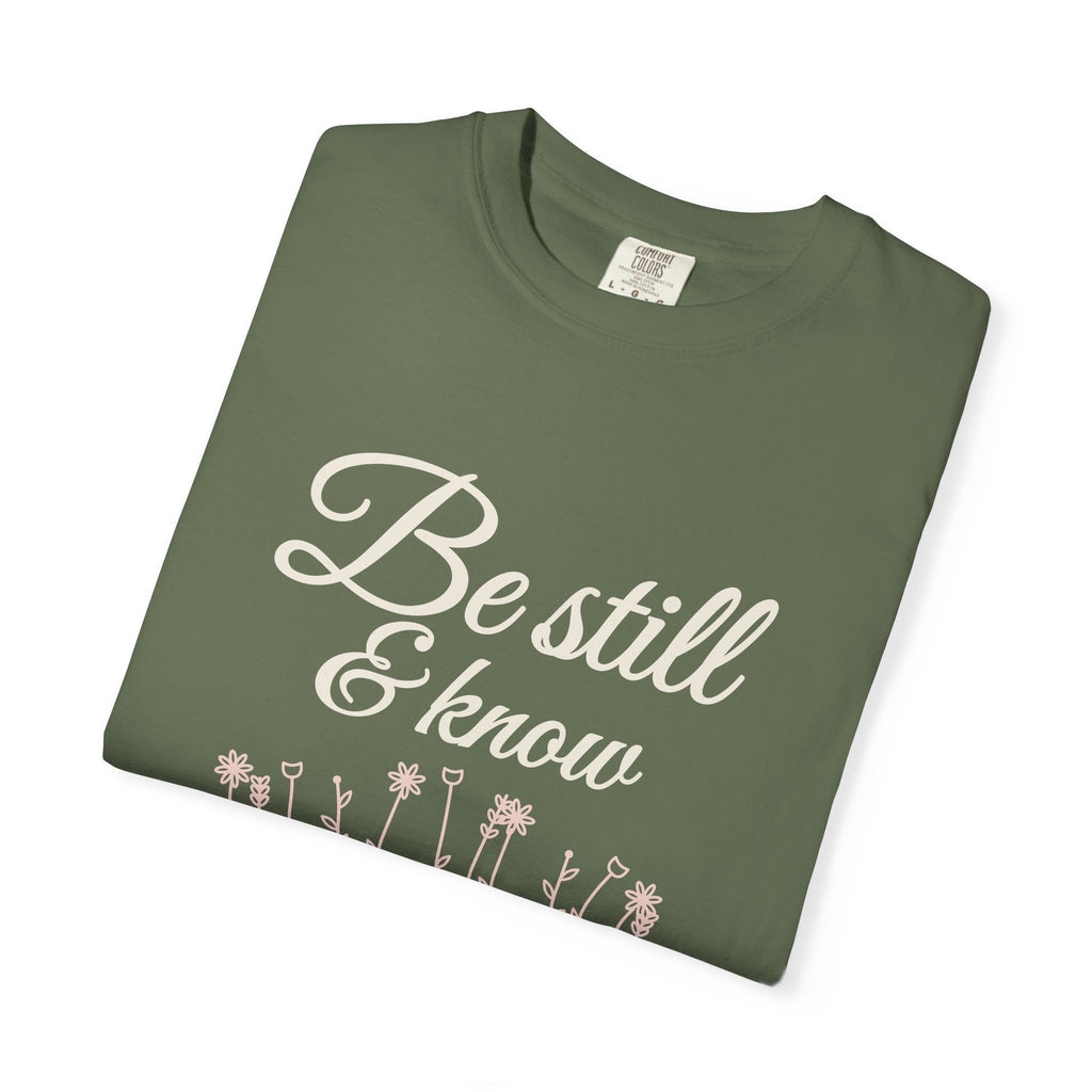 Be Still & Know Wildflower Psalm 46:10 Christian tee in sage, folded mockup