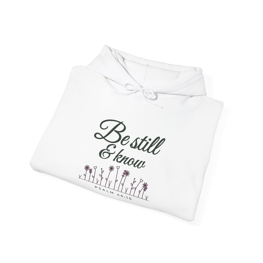 Be Still & Know Wildflower Psalm 46:10 Christian hoodie in white, folded mockup