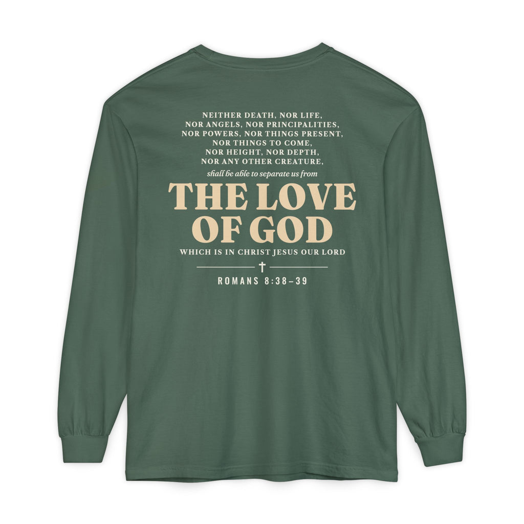 Nothing Can Separate Us Romans 8:38-39 long sleeve tee in Blue Spruce, back print mockup