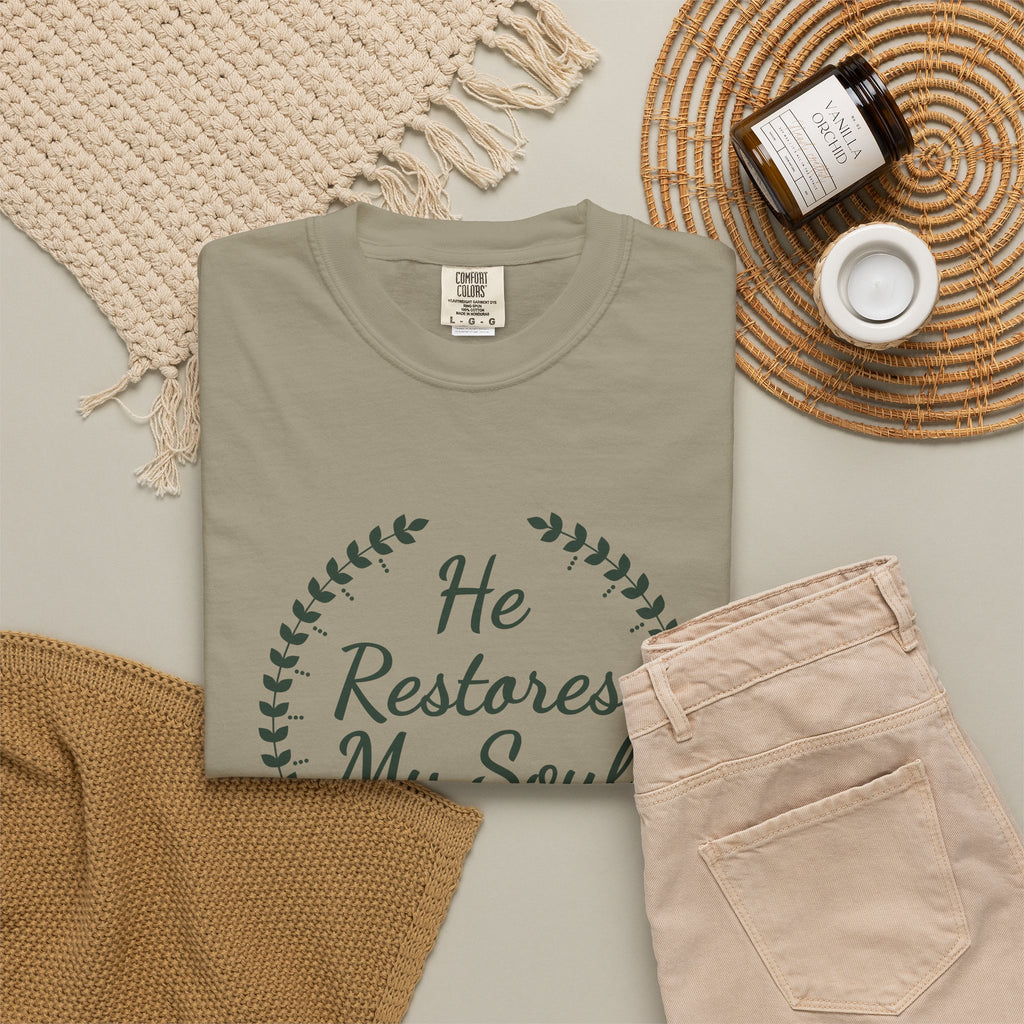 He Restores My Soul Psalm 23:3 tee in sandstone, folded flat lay mockup