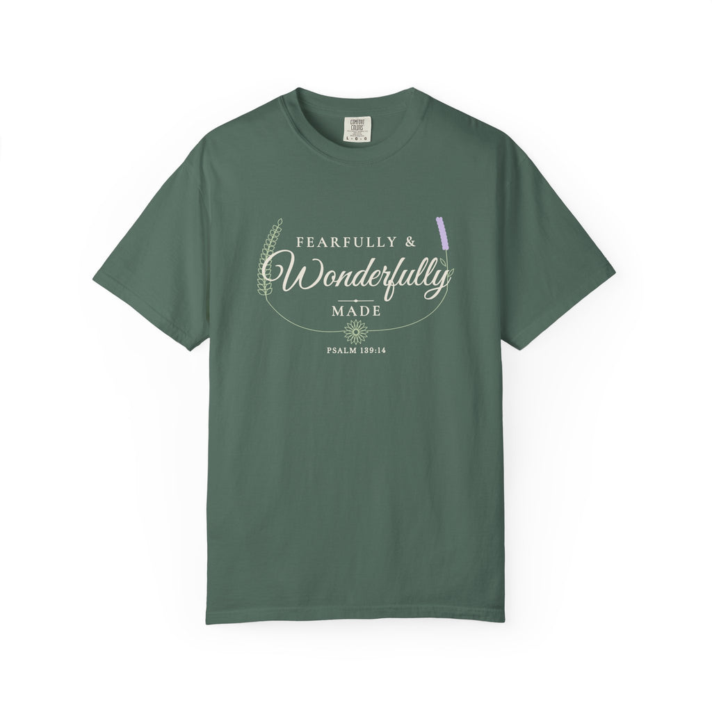 Fearfully & Wonderfully Made Psalm 139:14 tee in blue spruce, front mockup