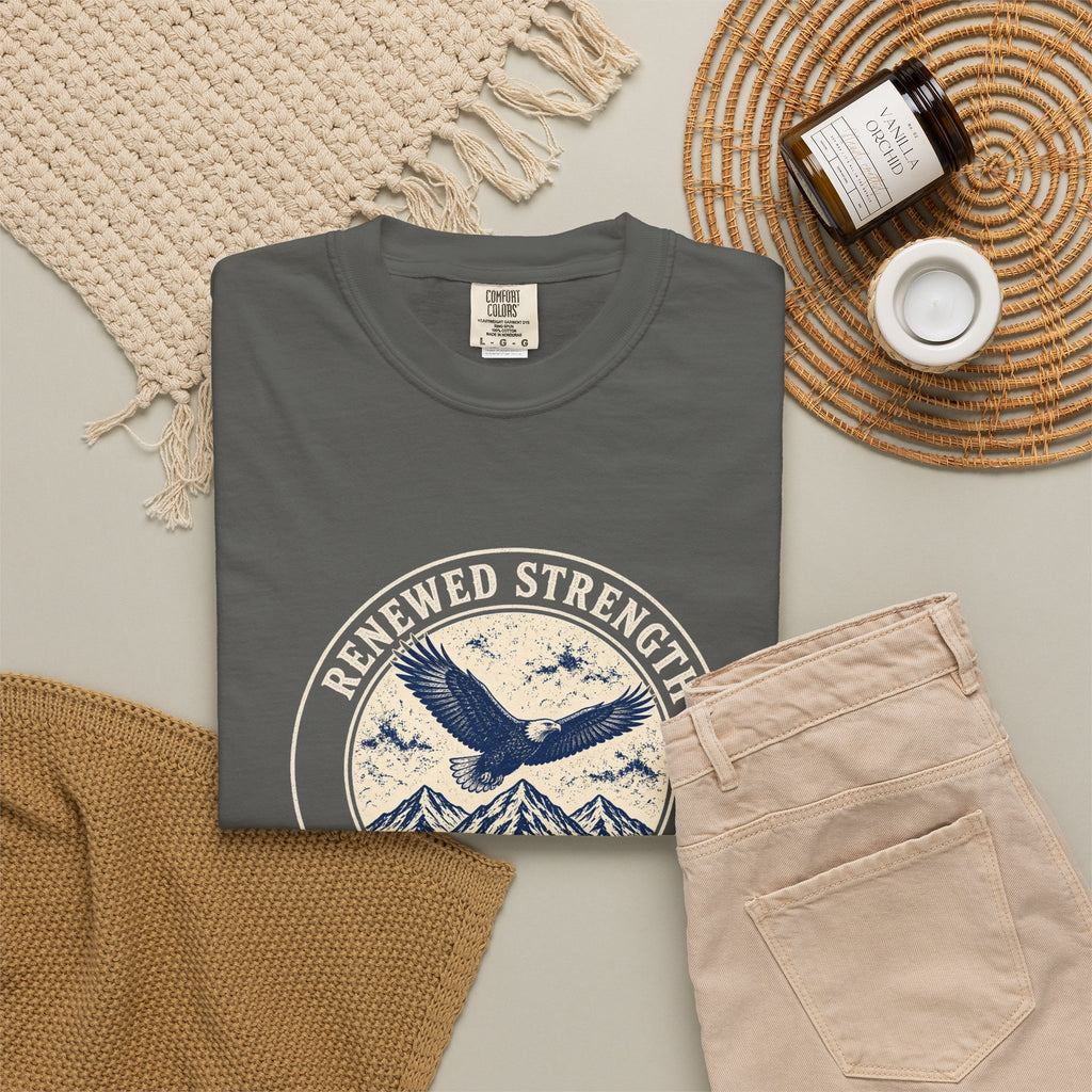 Renew Your Strength Isaiah 40:31 tee in pepper, folded flat lay mockup