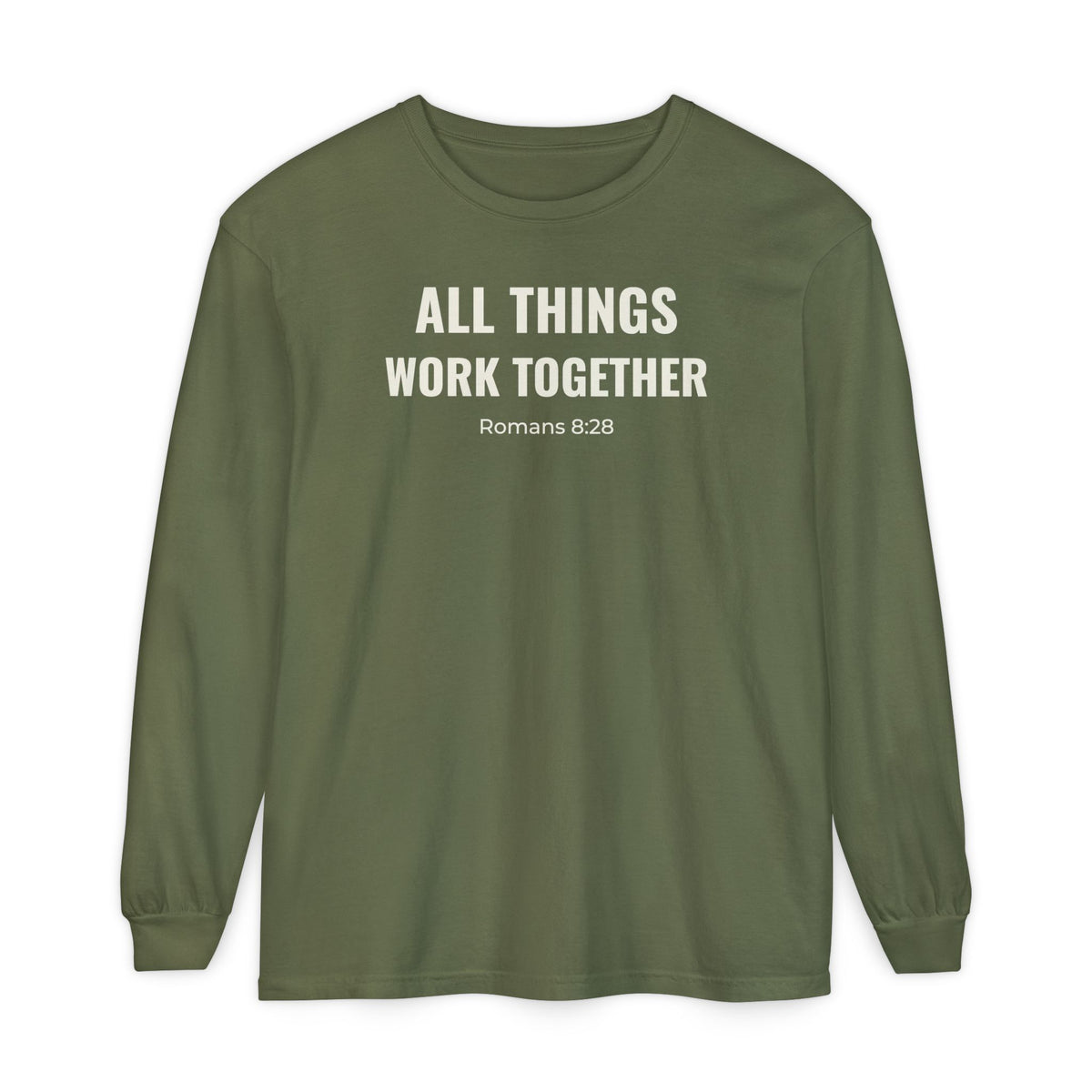 All Things Work Together Romans 8:28 long sleeve tee in hemp, front mockup