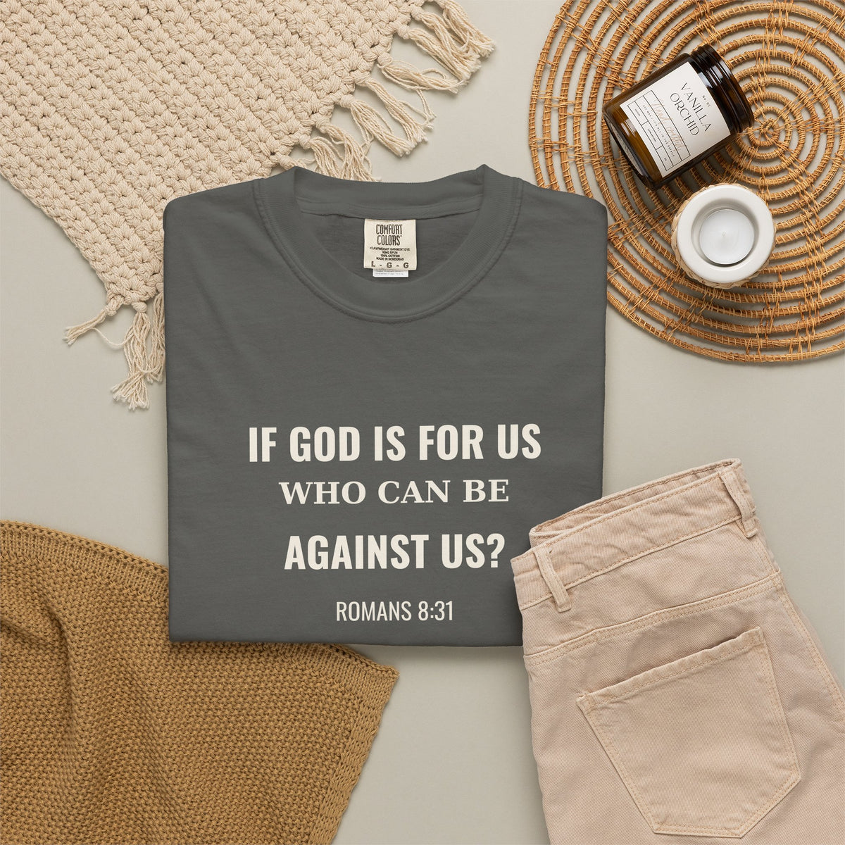 If God Is For Us Romans 8:31 tee in pepper, folded flat lay mockup