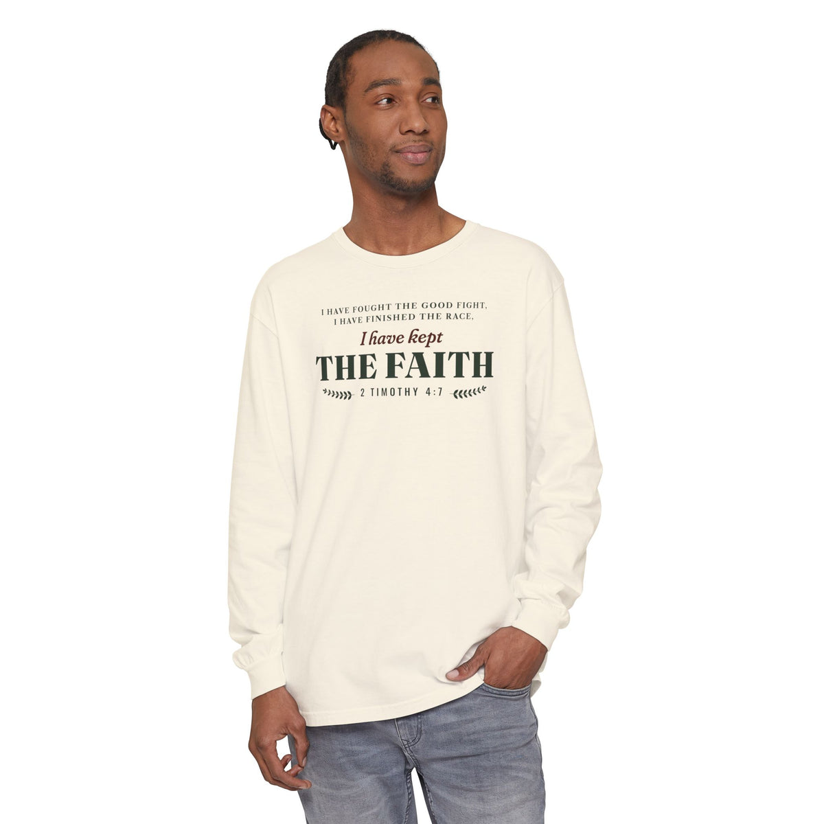 Kept the Faith 2 Timothy 4:7 long sleeve tee in Ivory, front, model