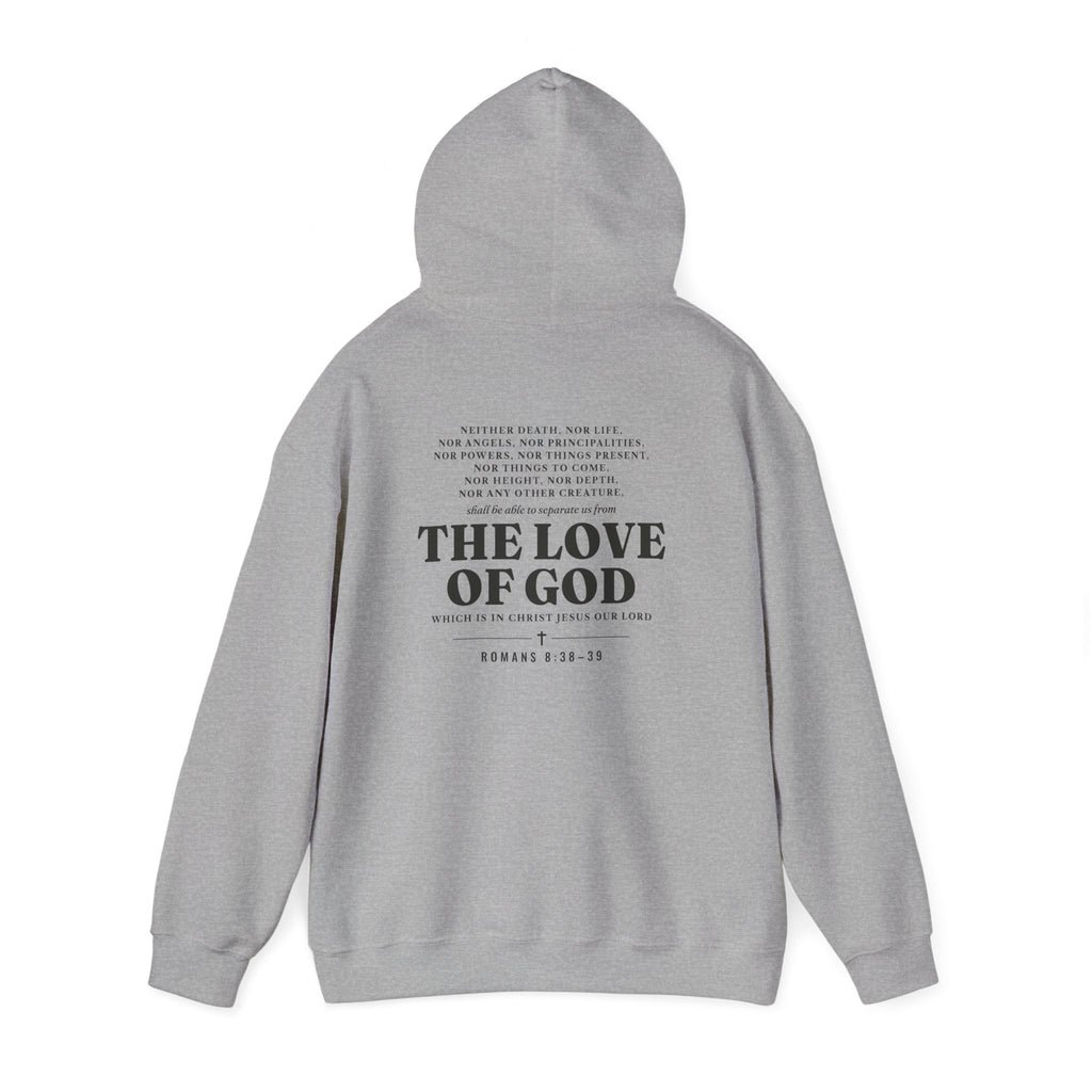 Nothing Can Separate Us Romans 8:38-39 hoodie in Sport Grey, back print with hood up mockup