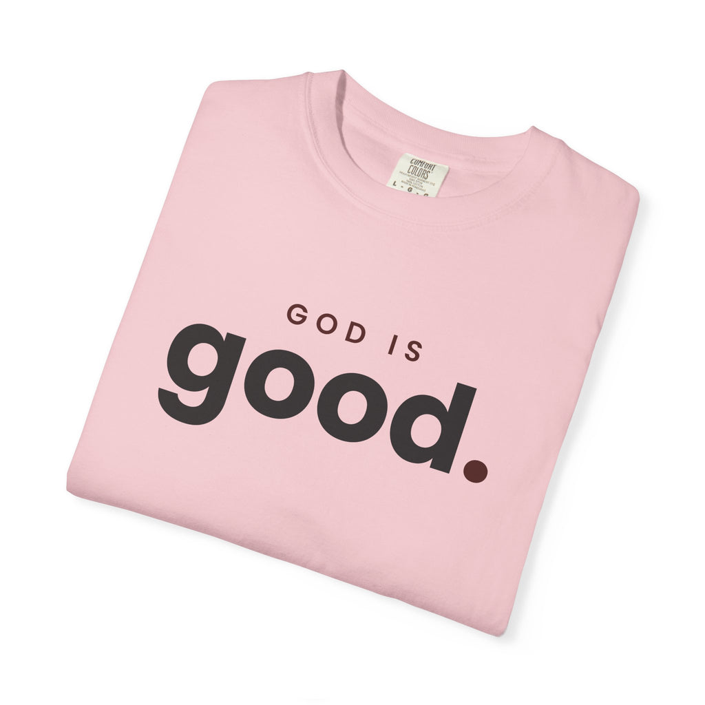 God Is Good Christian tee in blossom, folded mockup