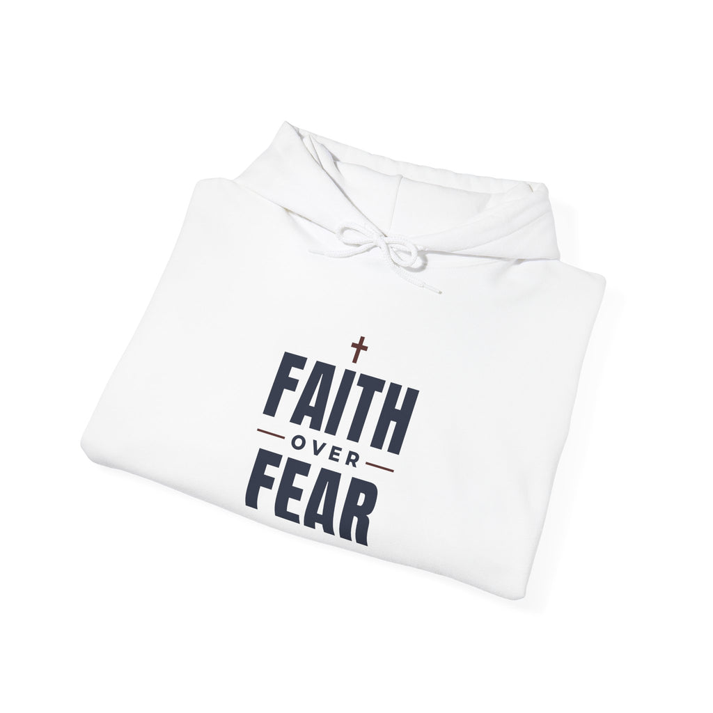 Faith Over Fear Christian hoodie in white, folded mockup