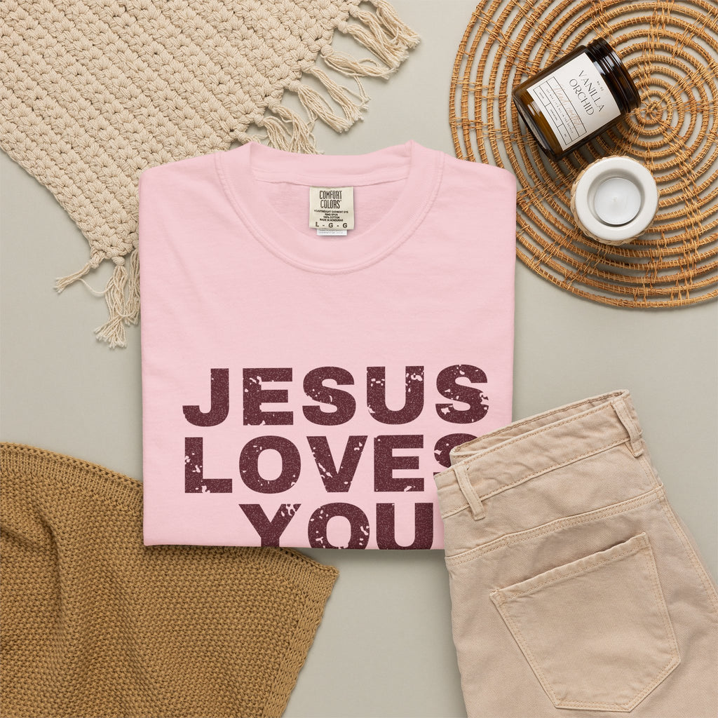 Jesus Loves You Christian tee in blossom, folded flat lay