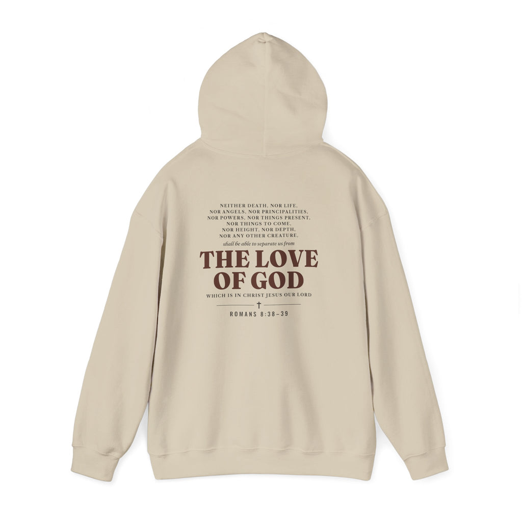 Nothing Can Separate Us Romans 8:38-39 hoodie in Sand, back print with hood up mockup