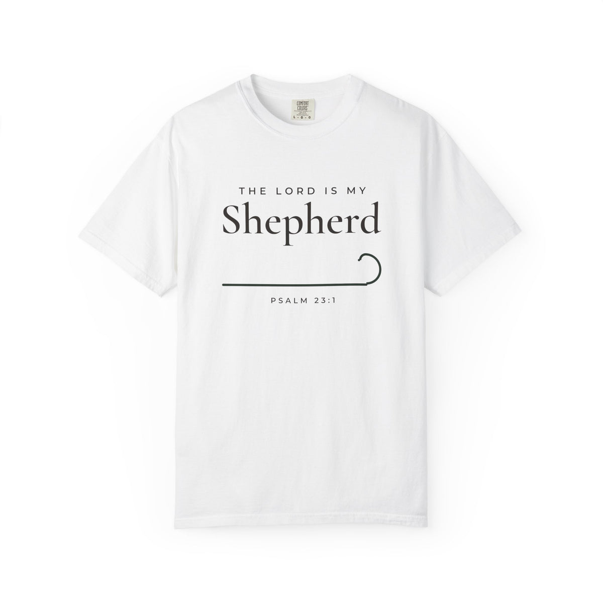 The Lord Is My Shepherd Psalm 23:1 Christian tee in white, front mockup