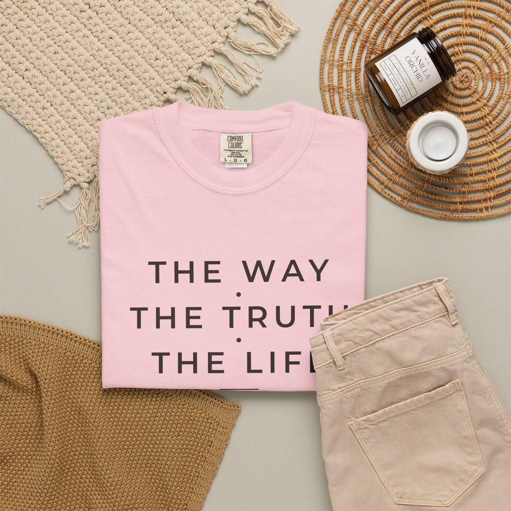 The Way The Truth The Life John 14:6 Christian tee in blossom, folded flat lay
