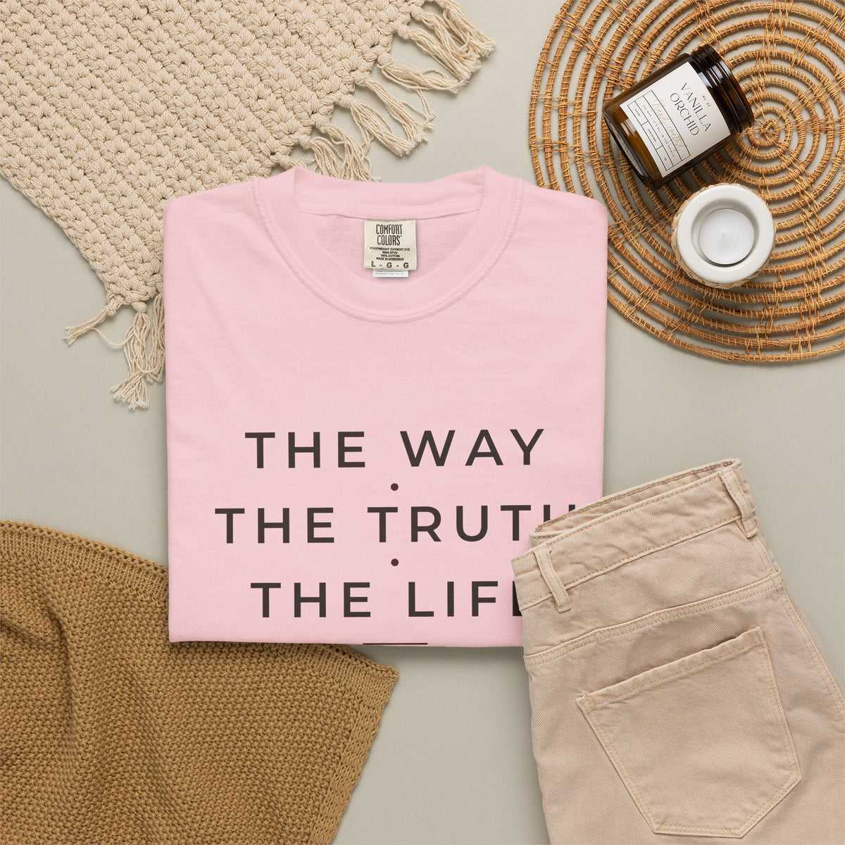 The Way The Truth The Life John 14:6 Christian tee in blossom, folded flat lay
