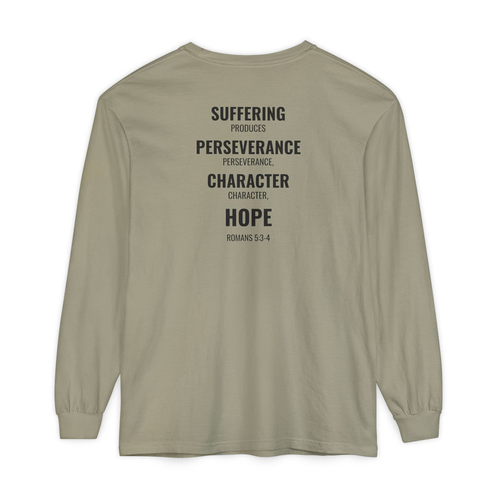 Suffering Produces Hope Romans 5:3-4 long sleeve tee in sandstone, back (Romans 5:3-4 back print) mockup