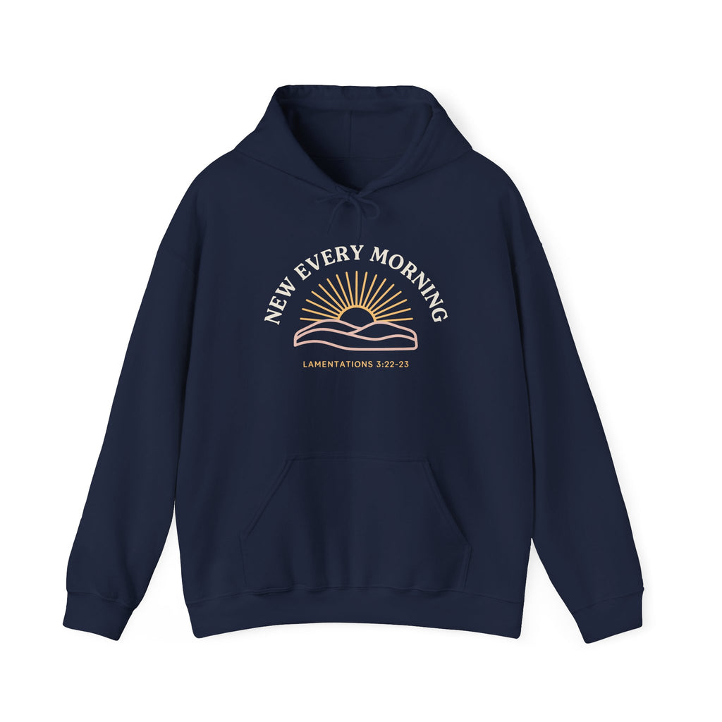 New Every Morning Lamentations 3:22-23 hoodie in navy, front mockup