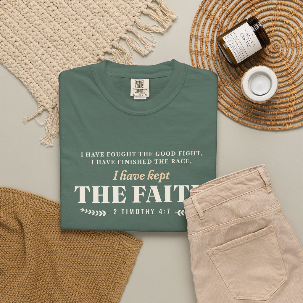 Kept the Faith 2 Timothy 4:7 tee in Blue Spruce, front, flat lay styled