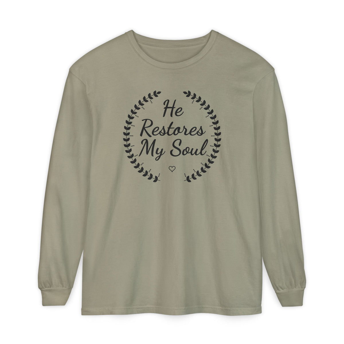 He Restores My Soul Psalm 23:3 long sleeve tee in sandstone, front mockup