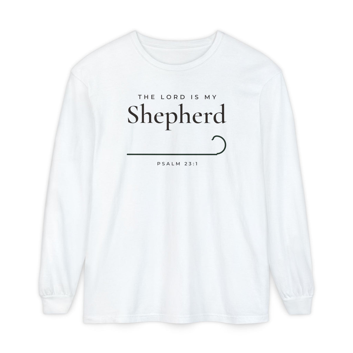 The Lord Is My Shepherd Psalm 23:1 Christian long sleeve tee in white, front mockup