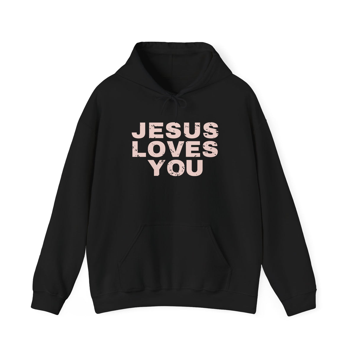 Jesus Loves You Christian hoodie in black, front mockup